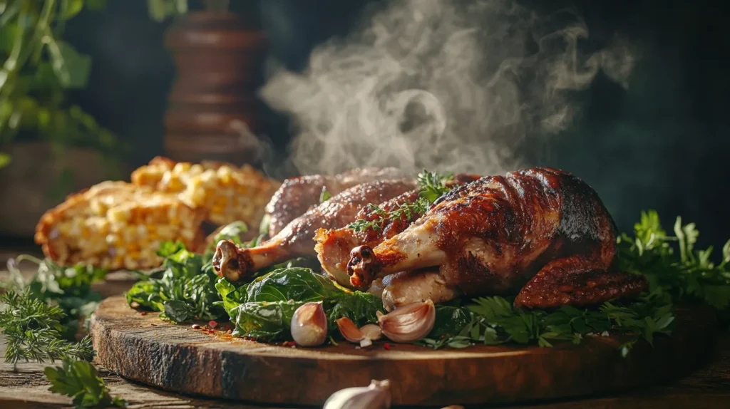 Plate of smoked turkey necks garnished with fresh herbs, served with collard greens and cornbread on a rustic wooden table, with warm lighting and steam rising.