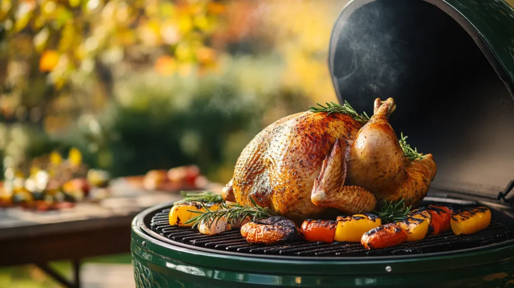 A perfectly smoked turkey with golden-brown skin resting on a Big Green Egg smoker, garnished with fresh rosemary and thyme, surrounded by grilled vegetables, with light smoke rising in a rustic backyard setting.