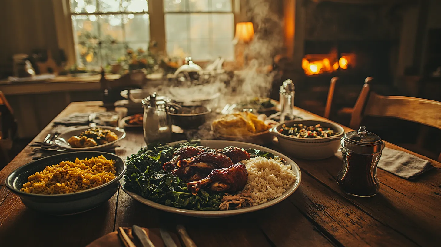 Smoked turkey necks served on a rustic plate, tender and flavorful, garnished with herbs and surrounded by hearty side dishes.