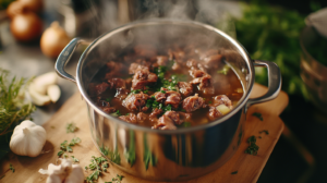 A pot simmering with smoked turkey necks, aromatic steam rising, surrounded by chopped herbs, onions, and garlic on a cutting board in a warm kitchen.