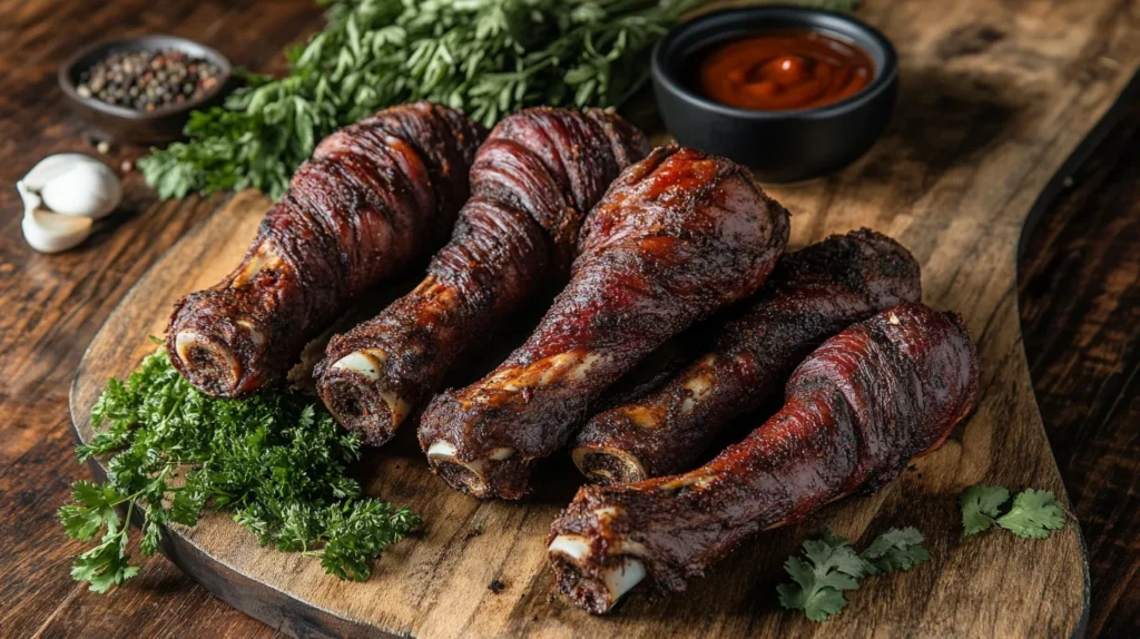 Smoked turkey necks served on a rustic wooden plate with vibrant collard greens and cornbread, showcasing their tender and juicy texture, seasoned to perfection.