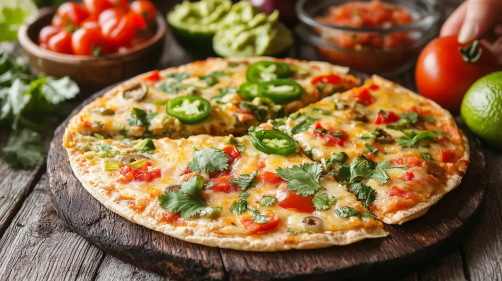 A vibrant Mexican pizza topped with melted cheese, diced tomatoes, jalapeños, and fresh cilantro, served on a wooden board