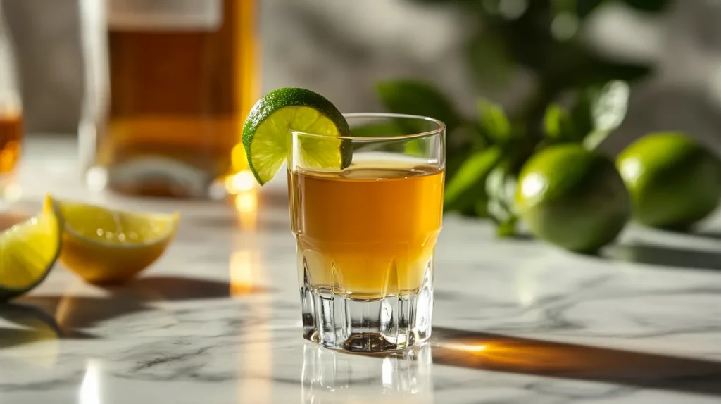 A vibrant non-alcoholic green tea shot in a clear glass, garnished with a lime slice and fresh mint leaves, placed on a marble countertop with sparkling soda, citrus wedges, and green tea leaves in the background.