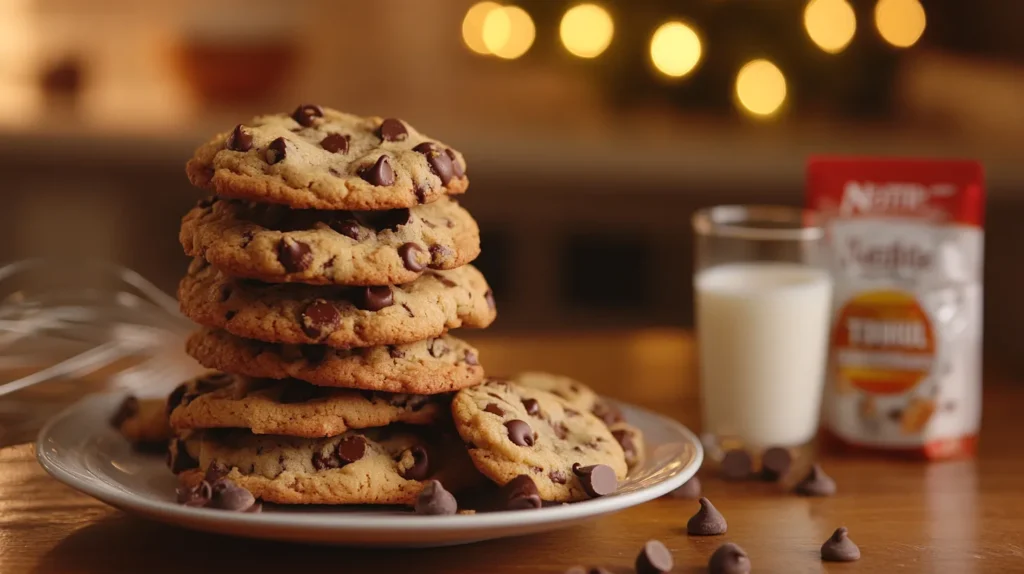 A stack of freshly baked Nestle Toll House chocolate chip cookies with gooey chocolate chips on a plate, set on a rustic wooden table with a cozy kitchen background featuring a bag of chocolate chips, a glass of milk, and a whisk.