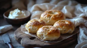 Freshly boiled and baked sourdough bagels with sesame seeds on a rustic wooden board.