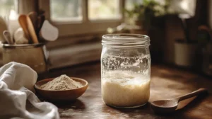 Show a jar of active sourdough starter with visible bubbles and a wooden spoon beside it.