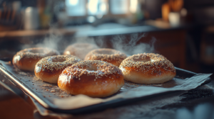 A close-up shot of bagels cooling on a wire rack, with toppings like sesame seeds or garlic flakes.