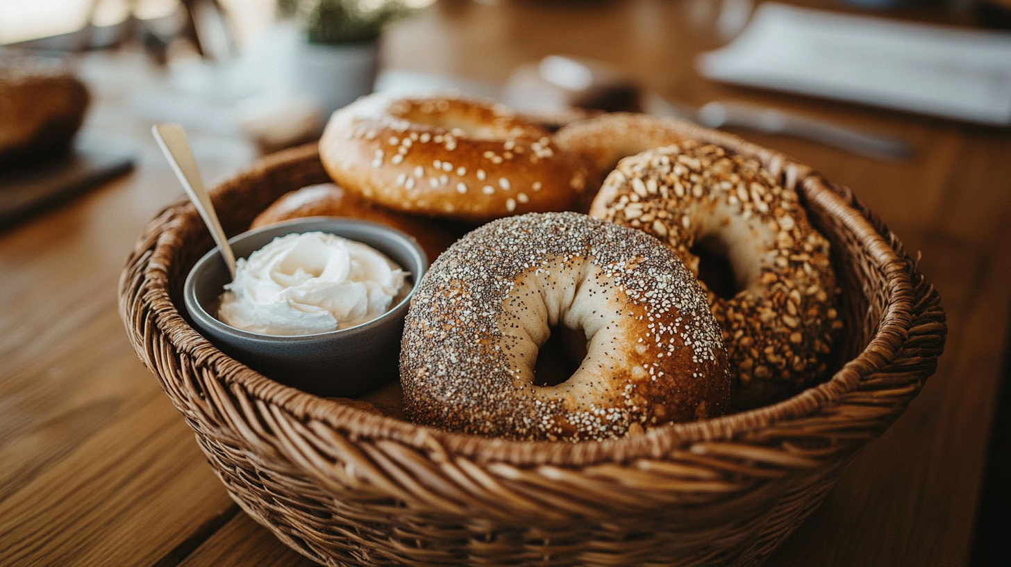 An assortment of sourdough bagels in a basket with cream cheese on the side, showcasing a delicious sourdough bagel recipe.