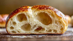 A close-up of a sliced sourdough bagel showing its chewy interior with air pockets and golden, shiny crust.