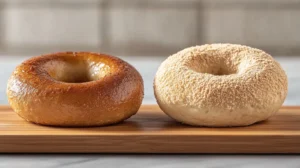 Side-by-side comparison of traditional and sourdough bagels, showing differences in texture and crust.