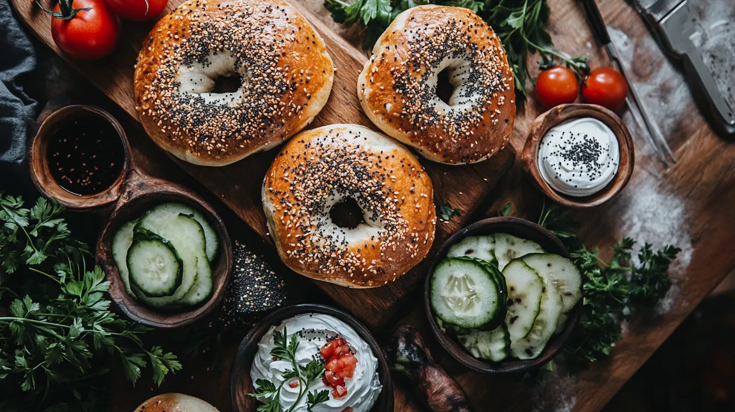 An assortment of sourdough bagels with sesame and poppy seeds, displayed with fresh toppings on a wooden board.