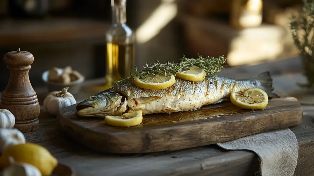 Whole branzino garnished with lemon and thyme, served on a wooden board with Mediterranean decor in the background.