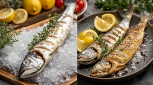 Fresh branzino on ice at a market next to a roasted branzino dish garnished with lemon and thyme.