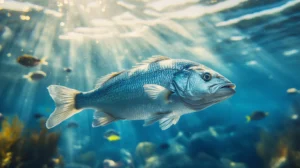 A wild-caught branzino swimming in clear Mediterranean waters with sunlight filtering through.