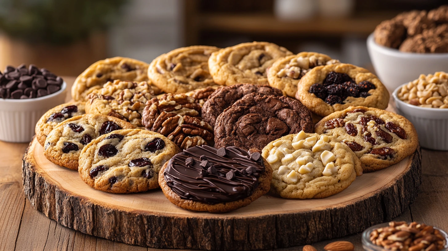 An assortment of freshly baked cookies on a rustic platter with various toppings like chocolate chips, nuts, and dried fruits.