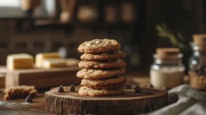 Stack of freshly baked soft and chewy cookies on a rustic wooden platter in a cozy kitchen setting.