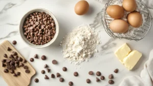 Overhead view of cookie ingredients: brown sugar, butter, eggs, and flour arranged neatly on a countertop