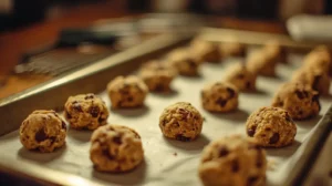 Close-up of cookie dough balls arranged on a parchment-lined tray, ready for refrigeration.