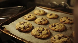 Freshly baked cookies, golden brown with soft, gooey centers, displayed on a baking tray.