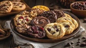 Assorted cookies with creative add-ins like chocolate swirls, nuts, and dried fruits beautifully arranged on a rustic platter.