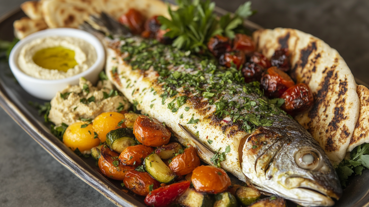 Whole branzino with crispy skin, garnished with lemon and rosemary, served with grilled vegetables on a wooden board.