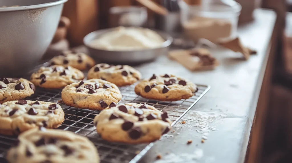 Freshly baked Nestle chocolate chip cookies on a cooling rack with ingredients in the background.