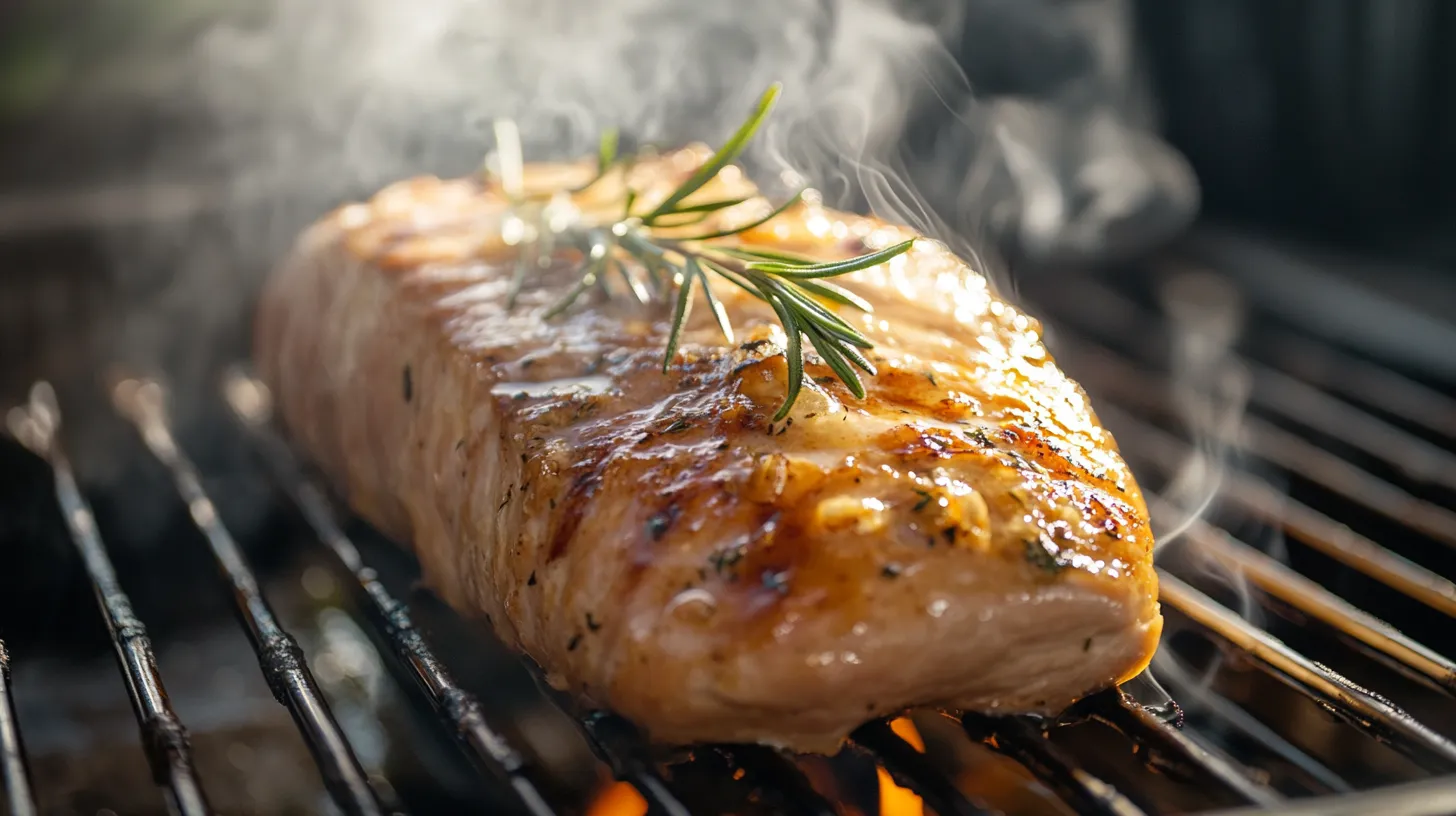 Turkey breast in a smoker, brushed with butter and garnished with rosemary, with a water pan below to retain moisture.