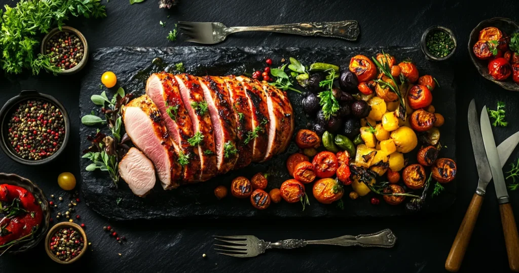 Sliced smoked turkey breast on a ceramic platter, surrounded by roasted vegetables and fresh herbs, set on a dark slate table with elegant utensils.