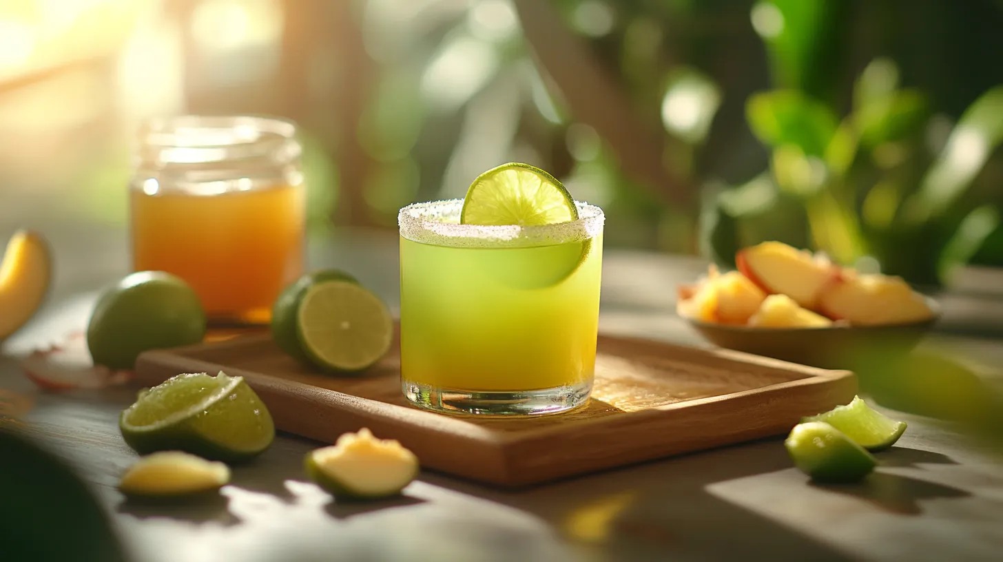 A frosted Green Tea Shot garnished with lime, surrounded by fresh lime slices and peach syrup on a wooden tray.