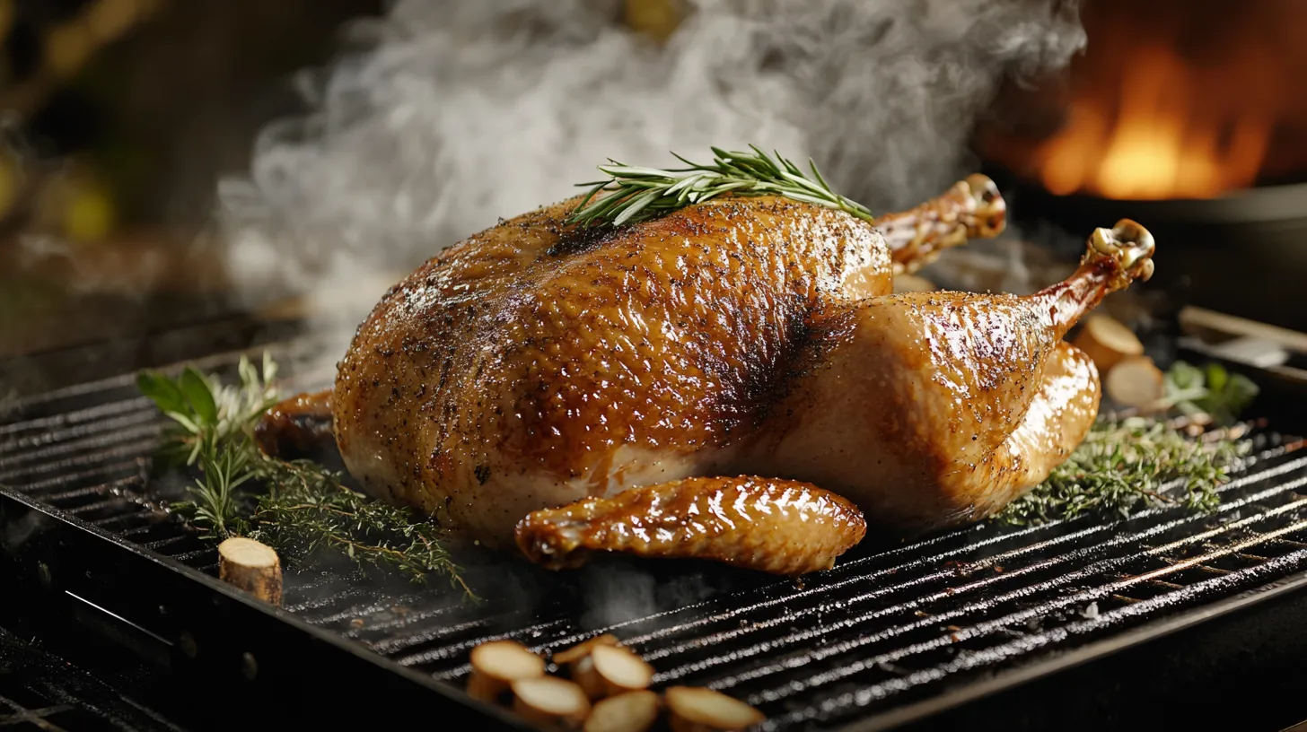 Whole smoked turkey on a smoker grate, golden-brown with a moist, juicy crust and garnished with fresh rosemary.