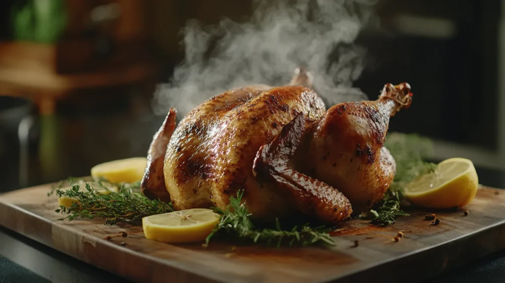 Smoked spatchcock turkey with golden-brown crispy skin on a rustic wooden board, garnished with herbs and lemon slices, surrounded by a smoky atmosphere.