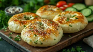 Freshly baked sourdough bagels on a wooden board with toppings like cream cheese, cucumbers, and herbs.