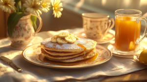 Milk-free pancakes on a breakfast table with tea and juice.