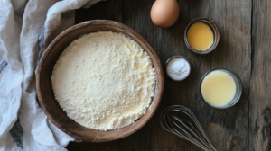  Ingredients for milk-free pancakes, including flour, water, and eggs, on a wooden table.