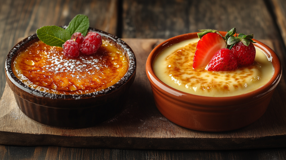 A rustic close-up of crème brûlée with caramelized sugar topping and smooth custard with fruit garnish.