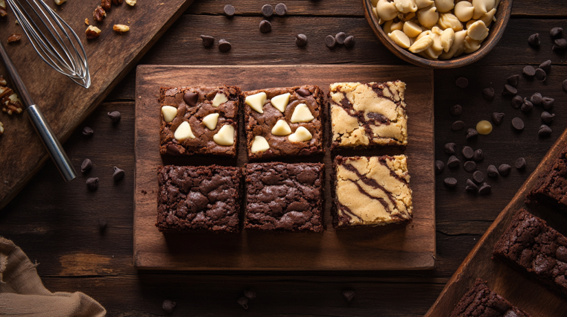 Side-by-side display of blondies and brookies, highlighting their unique textures and ingredients on a rustic wooden board.