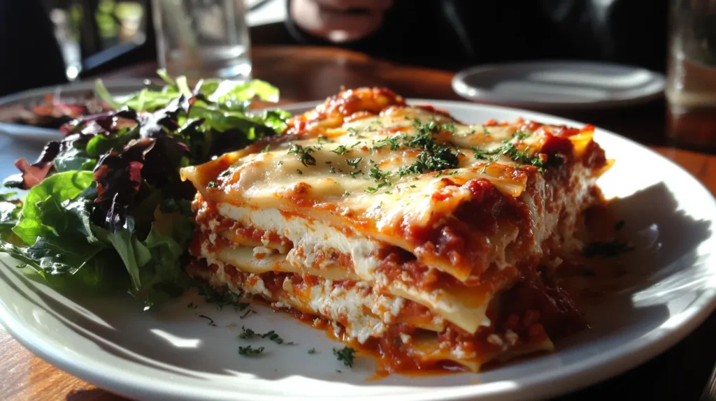 Freshly baked traditional meat lasagna with layers of béchamel, cheese, and meat sauce.