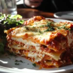 Freshly baked traditional meat lasagna with layers of béchamel, cheese, and meat sauce.