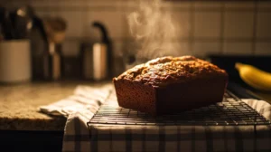 Banana bread cooling on a wire rack with steam rising.