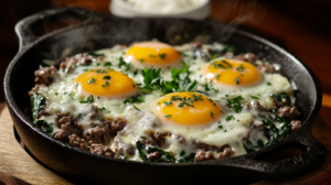 A skillet with sunny-side-up eggs, spinach, and melted cheese, garnished with parsley.