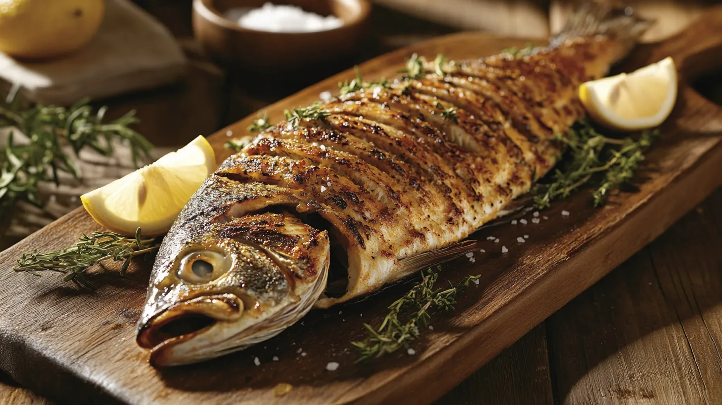 Whole roasted branzino on a rustic platter garnished with lemon and rosemary.