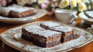 Brookies served with a glass of milk on a cozy kitchen table, highlighting their delicious chocolate layers.

