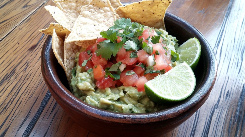 Rustic bowl of guacamole split into creamy and chunky styles, garnished with cilantro and lime, surrounded by tortilla chips.