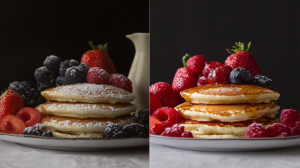 A side-by-side comparison of egg-free pancakes and traditional pancakes, served with fresh fruits and maple syrup.