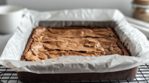 Brookies served with a glass of milk on a cozy kitchen table, highlighting their delicious chocolate layers.

