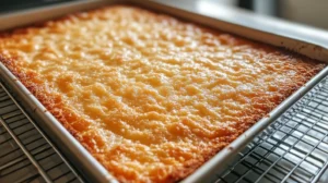 Freshly baked kefir sheet cake cooling in its baking pan on a wire rack. 