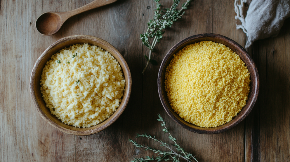 A side-by-side view of couscous and cornmeal in rustic wooden bowls, highlighting their distinct textures.