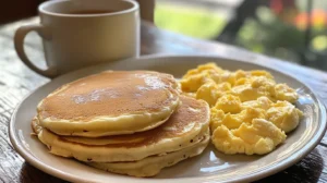 Cracker Barrel pancakes served with eggs and coffee on a farmhouse table.