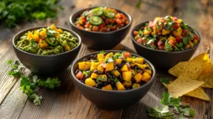 Three bowls of guacamole variations: mango-infused, black bean guacamole, and spicy jalapeño guacamole on a wooden table.