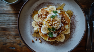 Egg-free pancakes topped with bananas, coconut yogurt, nuts, and honey, arranged on a rustic plate.